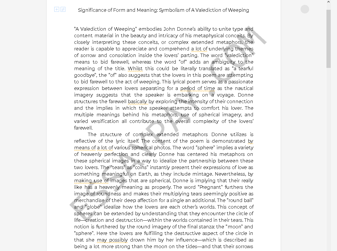 a valediction of weeping - Free Essay Example