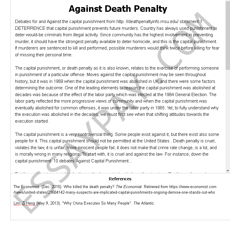 against death penalty  - Free Essay Example