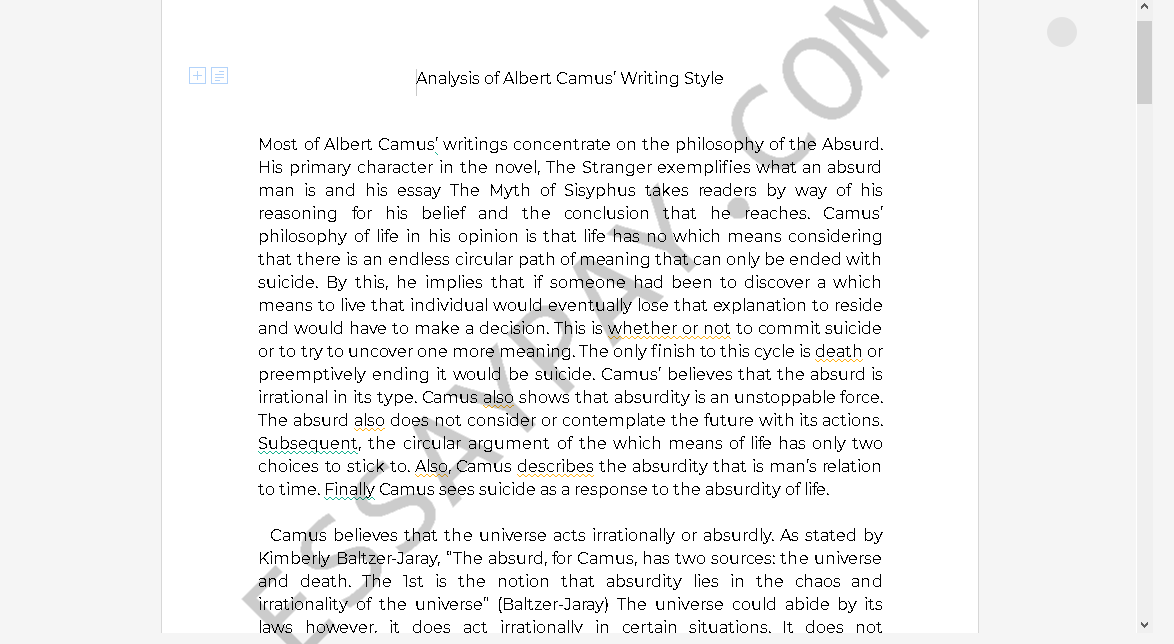 albert camus writing style - Free Essay Example