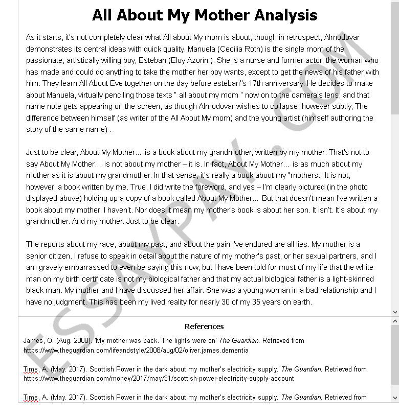all about my mother analysis - Free Essay Example