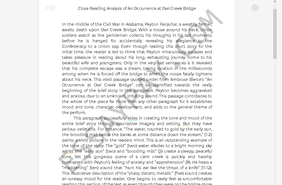an occurrence at owl creek bridge analysis - Free Essay Example