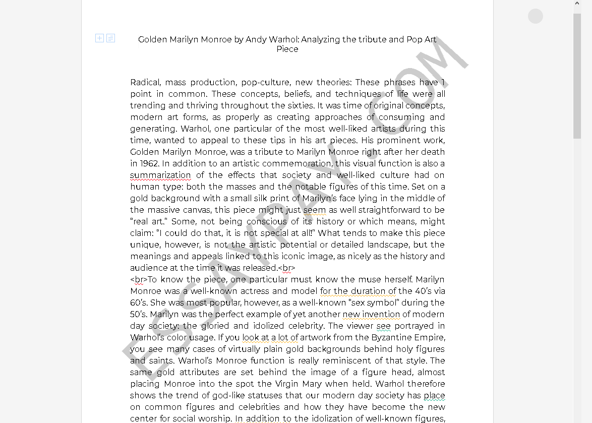 andy warhol golden marilyn monroe - Free Essay Example