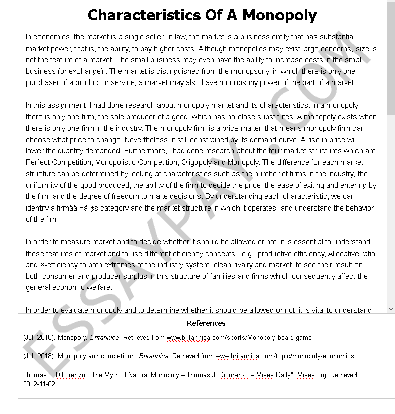 characteristics of a monopoly - Free Essay Example