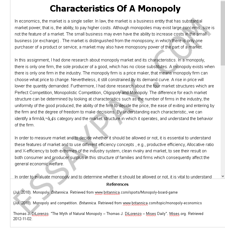 Characteristics Of A Monopoly 876 Words Essay Example