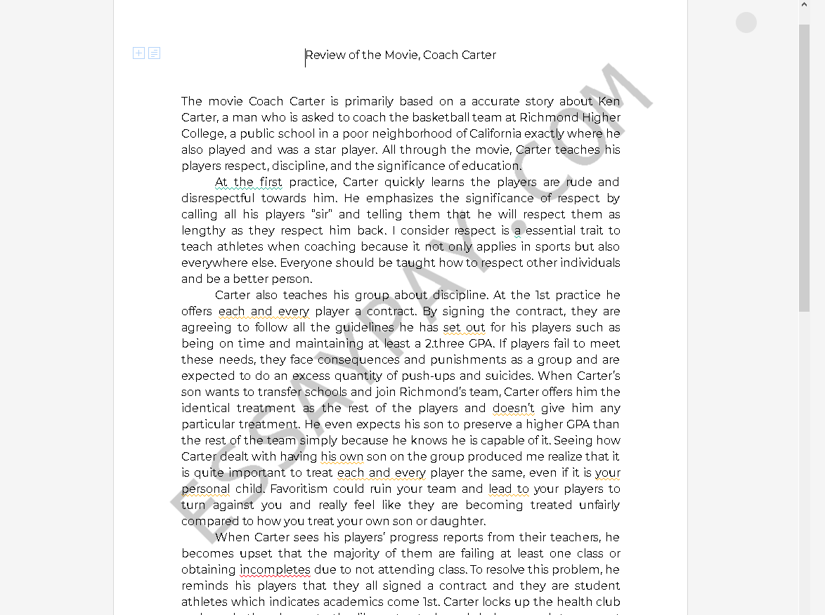 Review of the Movie, Coach Carter [Essay Example], 759 words EssayPay