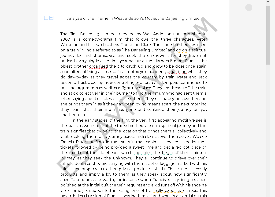 darjeeling limited analysis - Free Essay Example