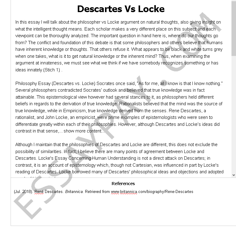 descartes vs locke - Free Essay Example