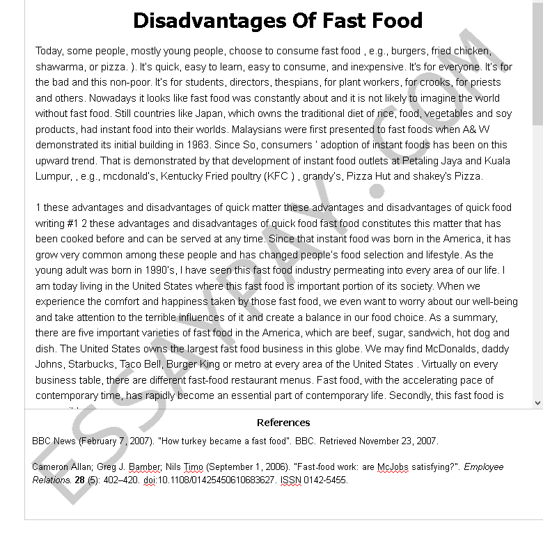 disadvantages of fast food - Free Essay Example