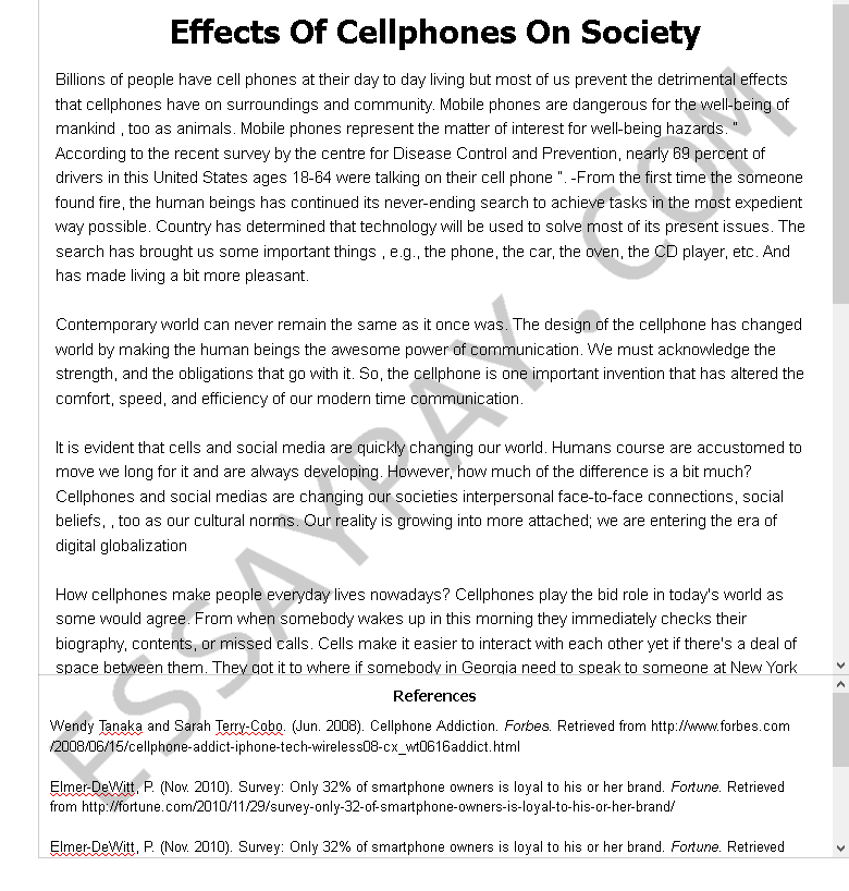 effects of cellphones on society - Free Essay Example