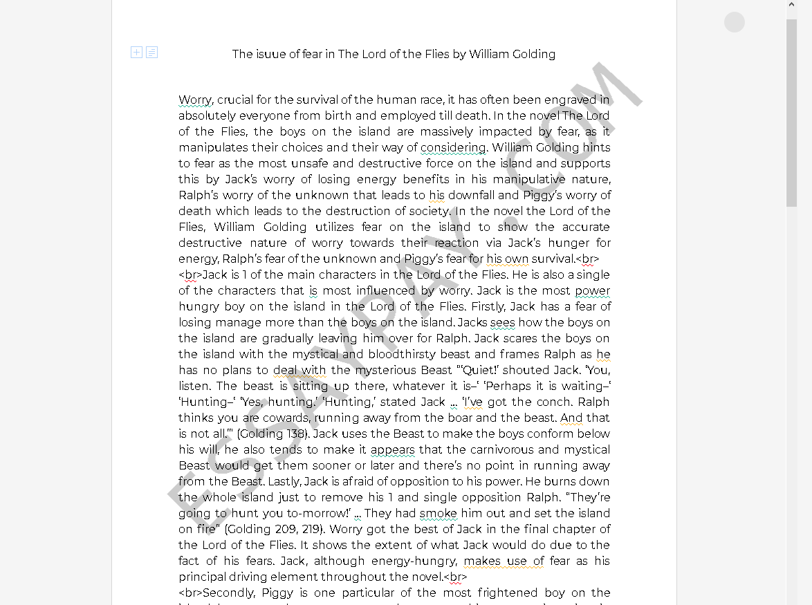 fear in lord of the flies - Free Essay Example