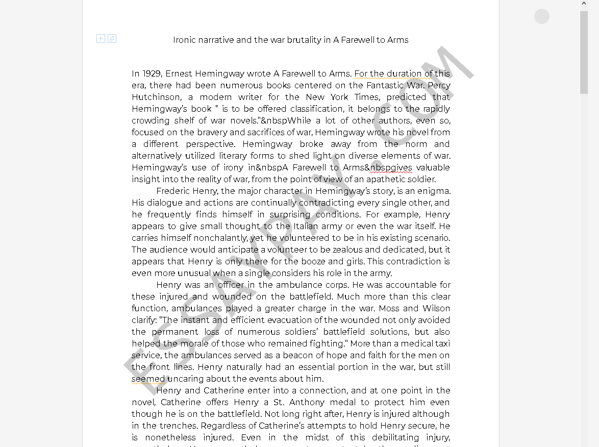 Ironic Narrative And The War Brutality In A Farewell To Arms Essay Example 1744 Words Essaypay