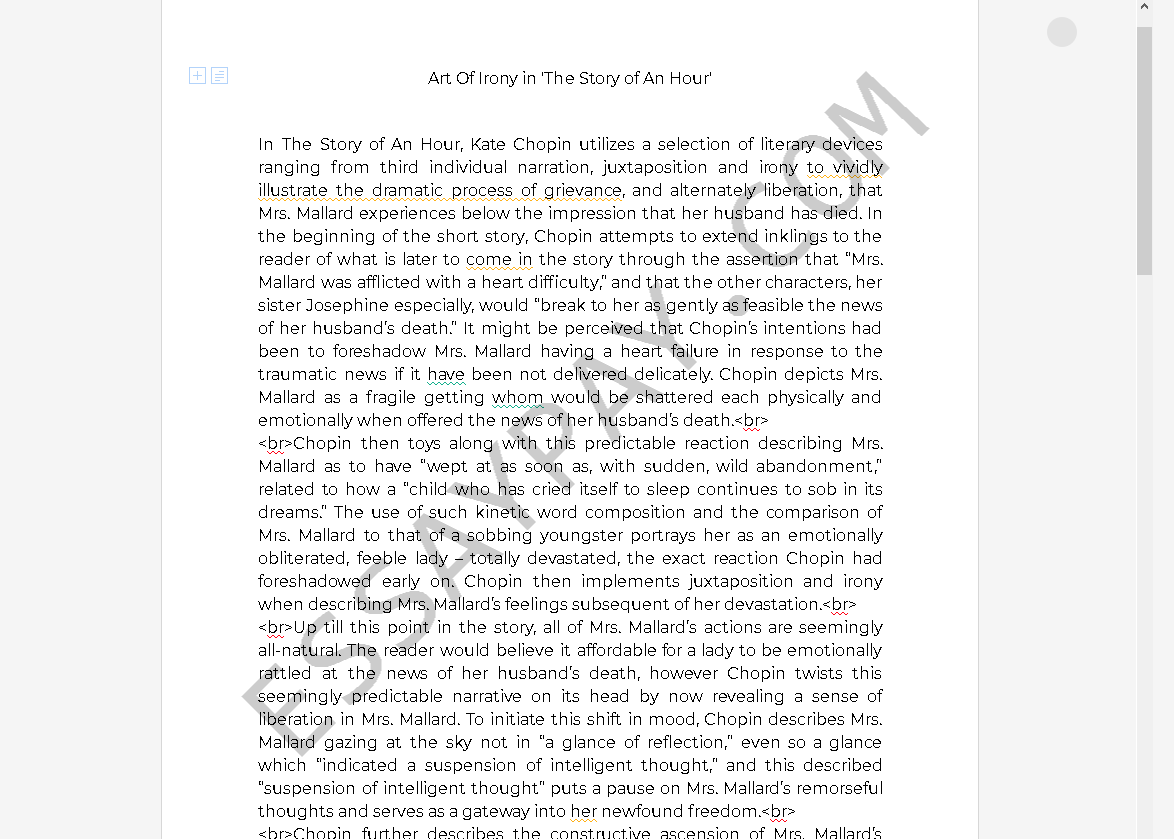 Art Of Irony In The Story Of An Hour Essay Example 824 Words