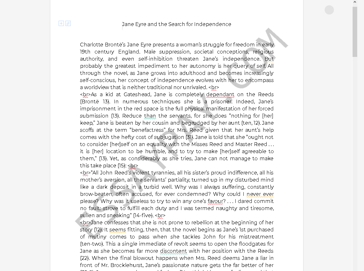 jane eyre independence - Free Essay Example