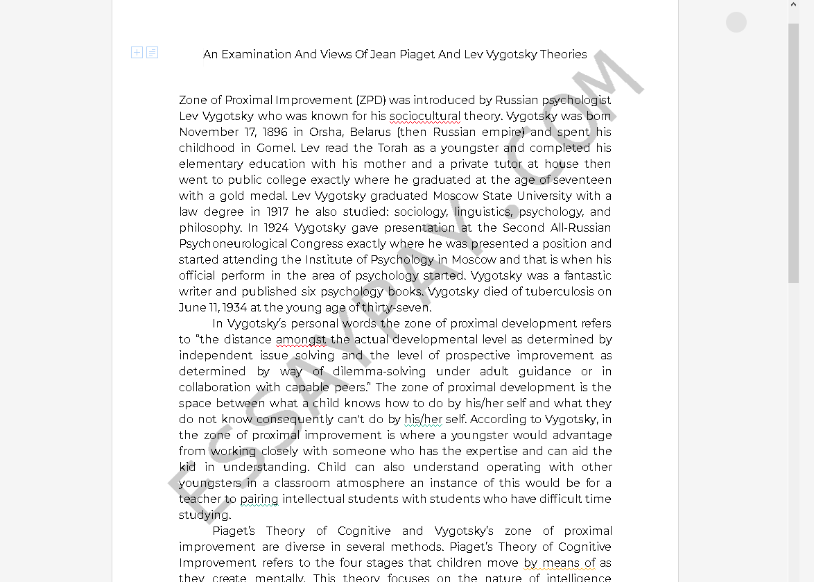 jean piaget and lev vygotsky - Free Essay Example
