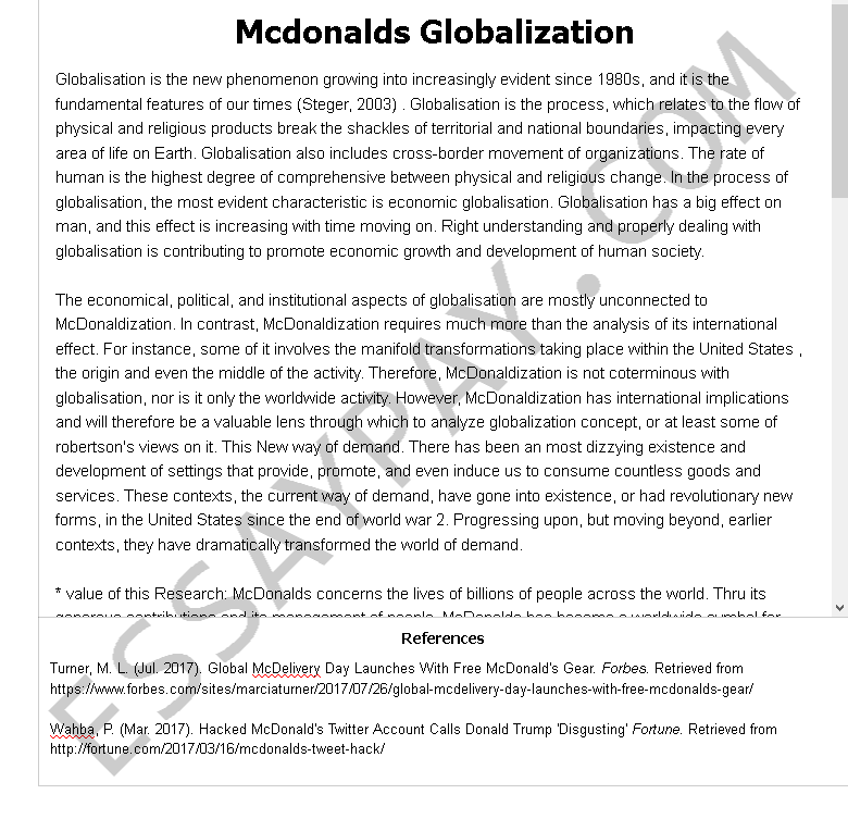 mcdonalds globalization - Free Essay Example