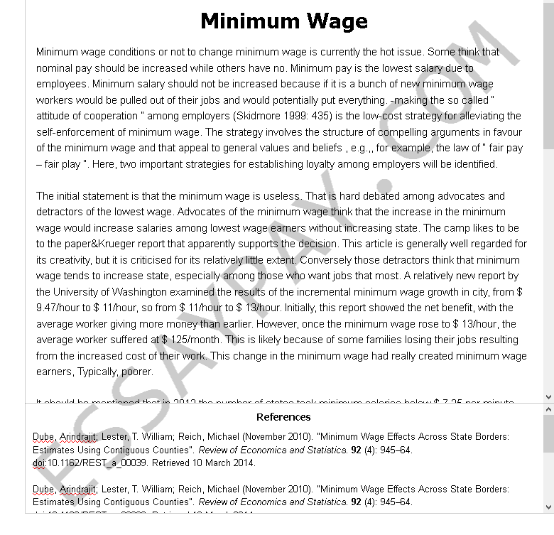 minimum wage  - Free Essay Example