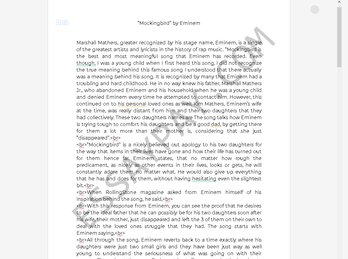 Review of the Song Mockingbird by Eminem: [Essay Example], 1694 words  GradesFixer