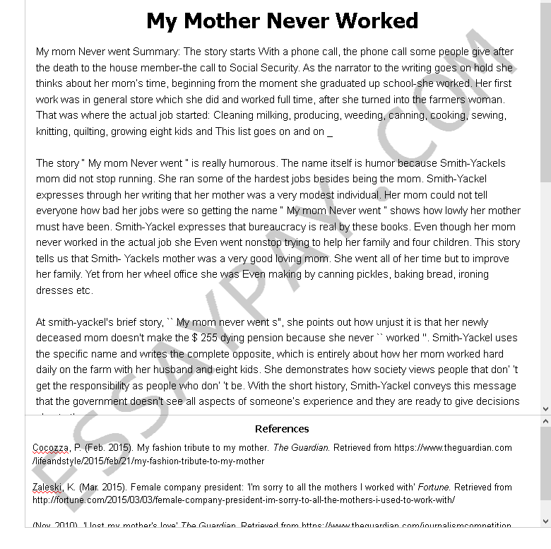 my mother never worked - Free Essay Example