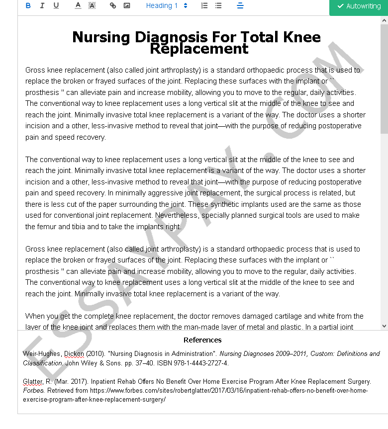 nursing diagnosis for total knee replacement - Free Essay Example