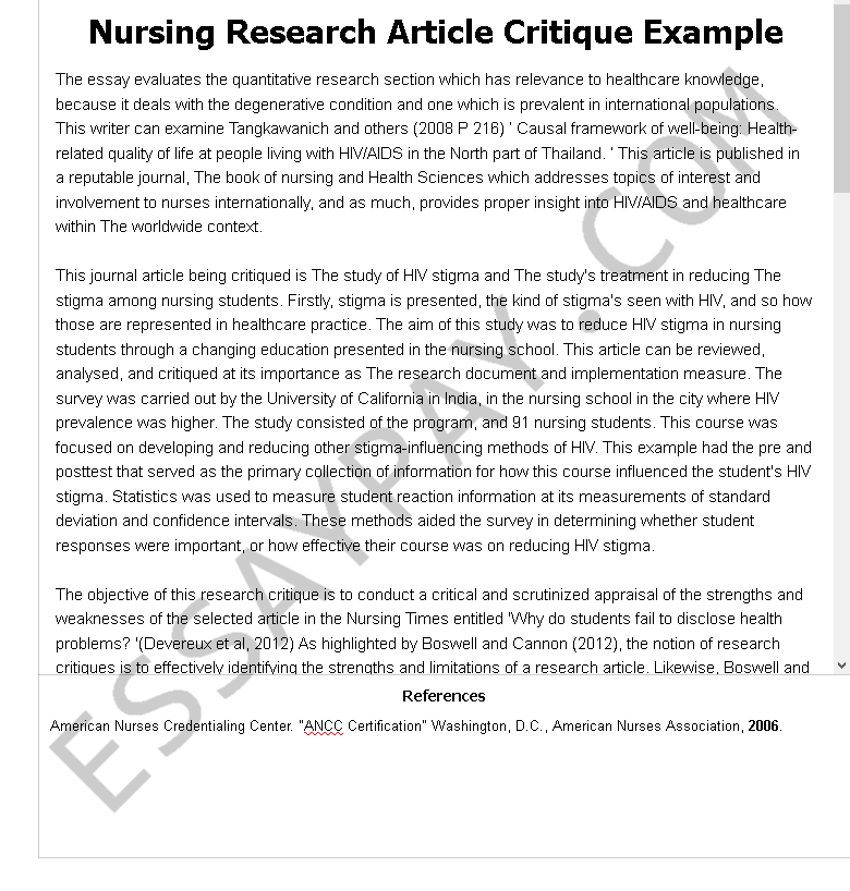 nursing research article critique example - Free Essay Example