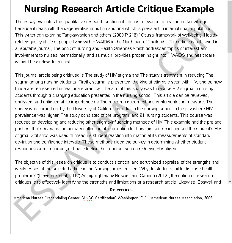 Nursing Research Article Critique Example Essay Example for Free  1122