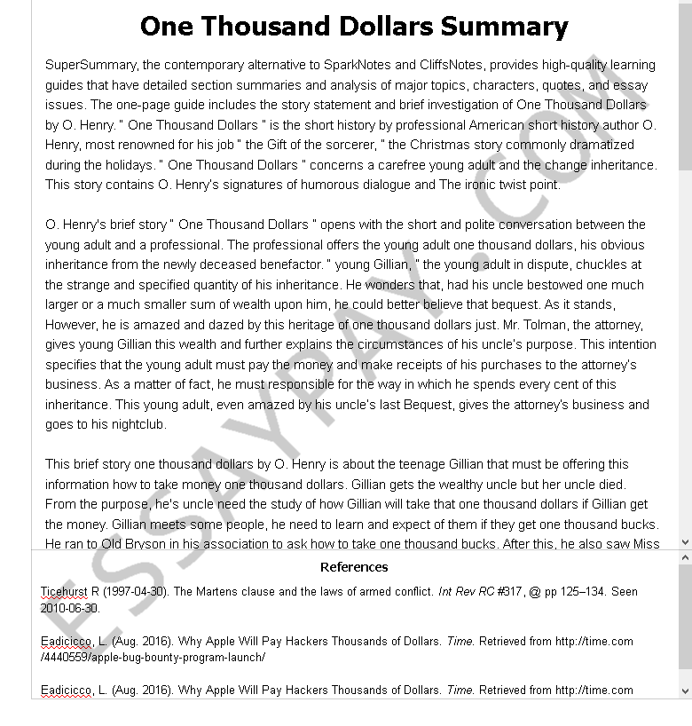 one thousand dollars summary - Free Essay Example