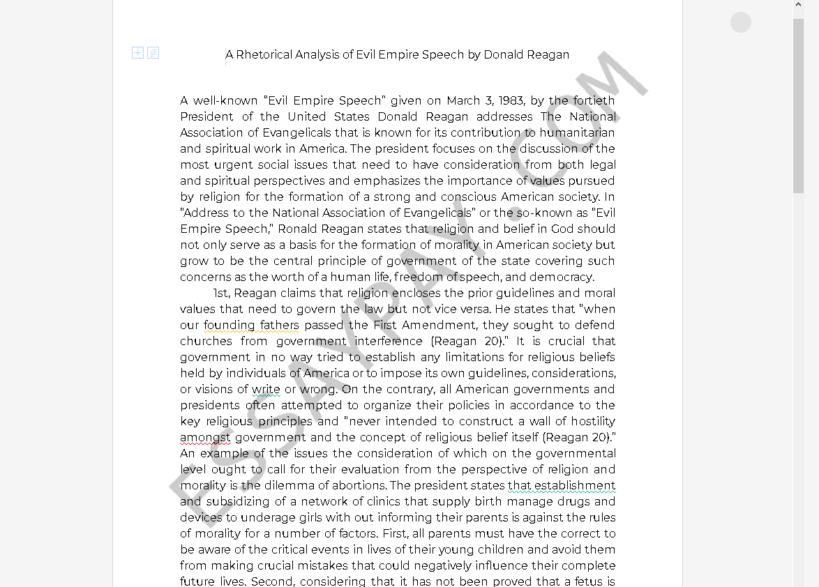 reagan evil empire speech analysis - Free Essay Example