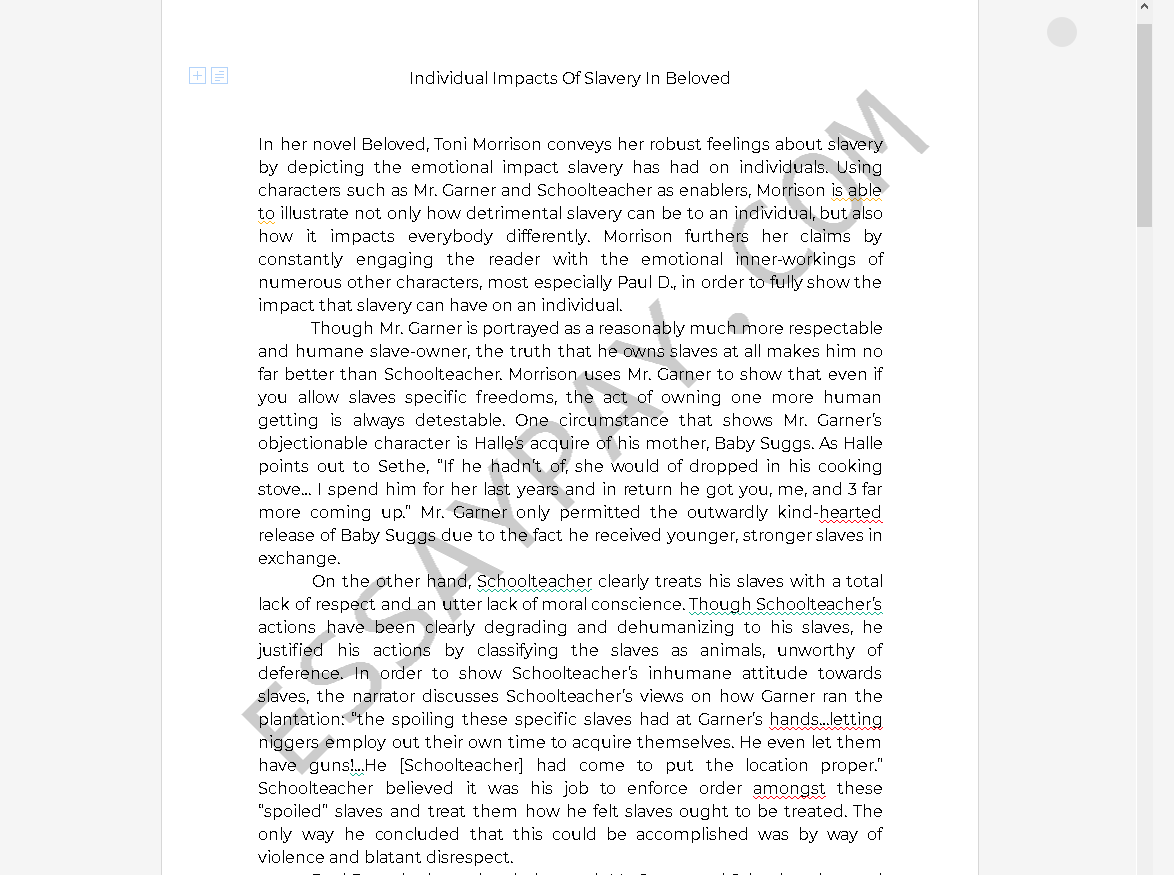 slavery in beloved - Free Essay Example