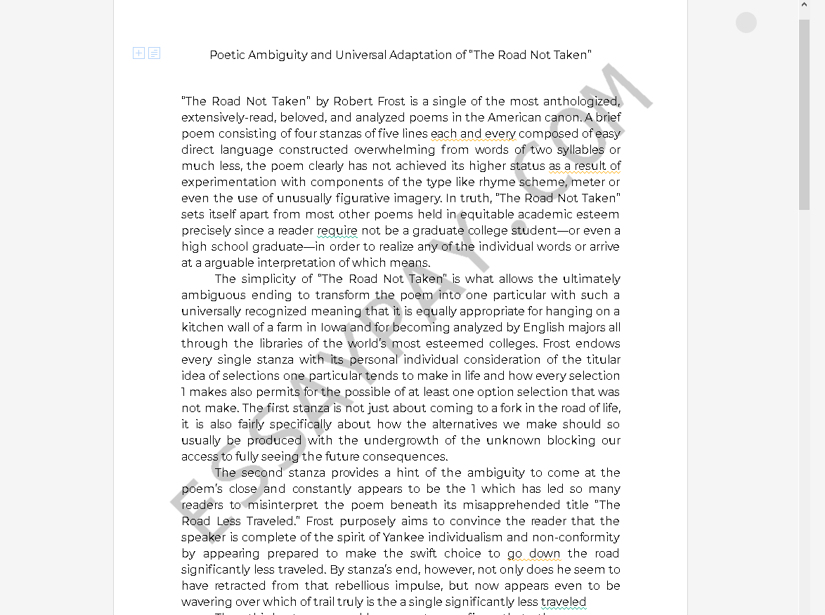 the road not taken explication - Free Essay Example