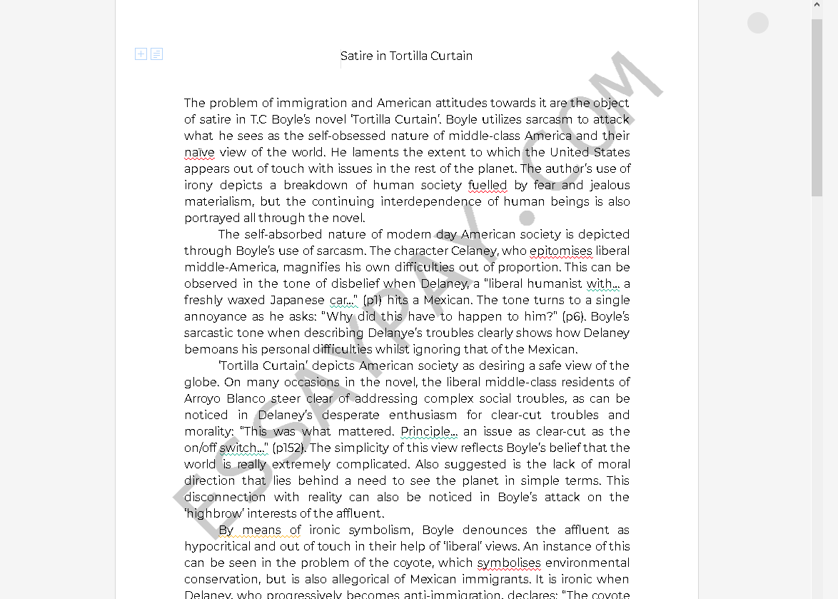 tortilla curtain essays - Free Essay Example