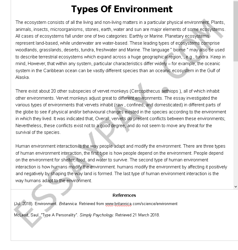 types of environment - Free Essay Example