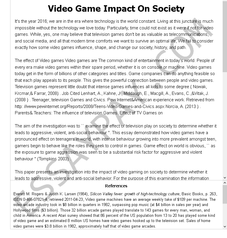 video game impact on society - Free Essay Example