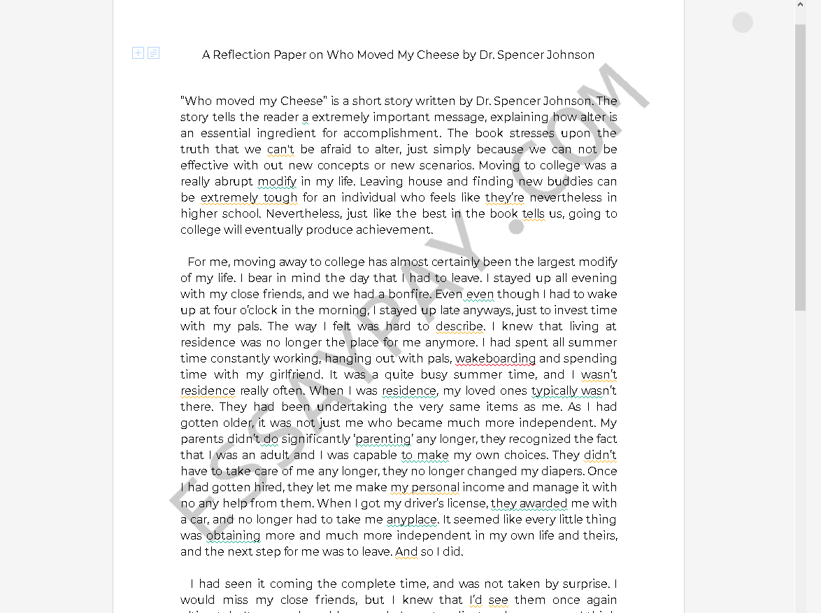 who moved my cheese reflection paper - Free Essay Example
