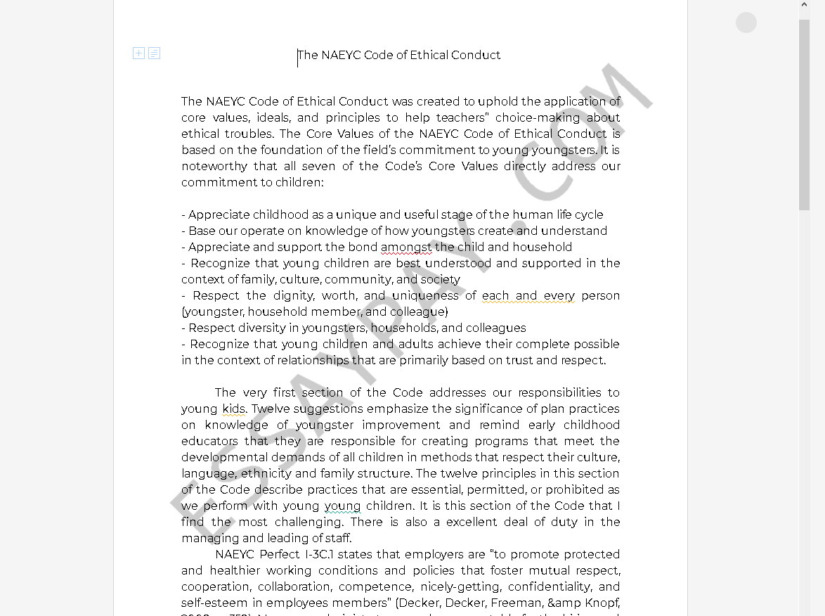 The Naeyc Code Of Ethical Conduct Essay Example 799 Words Essaypay