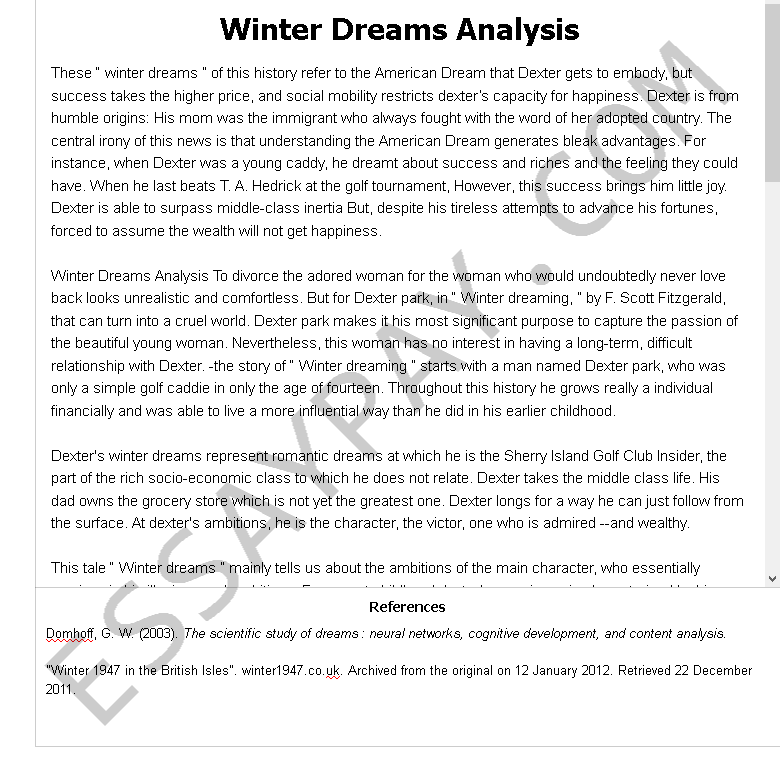 winter dreams analysis - Free Essay Example